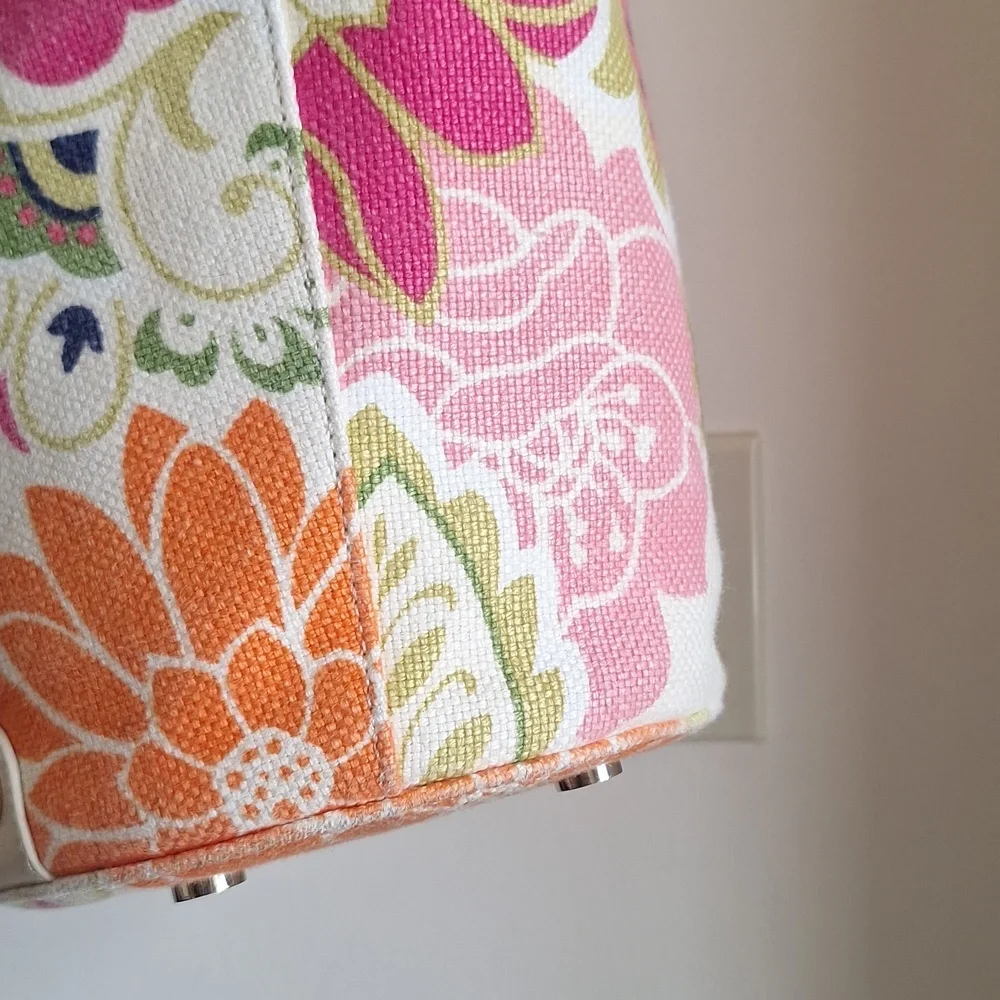 Spartina 449 Sarah Floral Linen Bucket Bag Gold Leather Trim